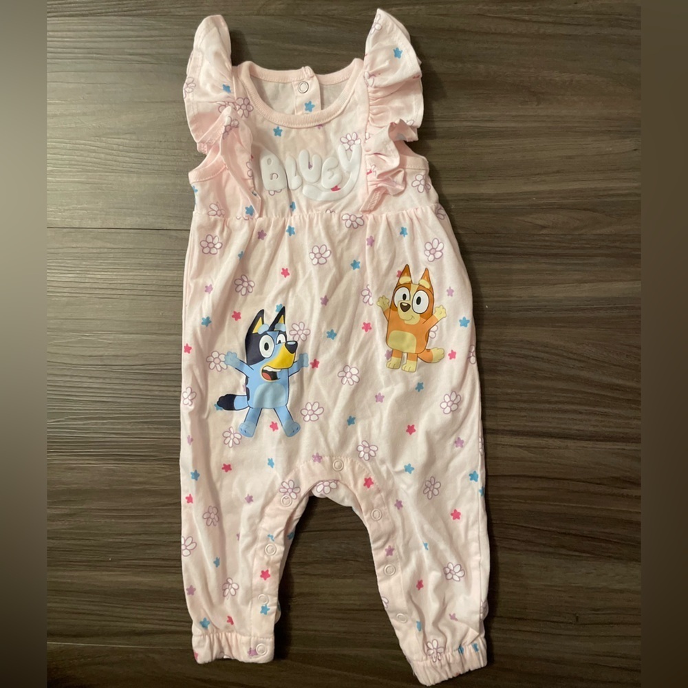 Bluey Baby Girl Charming Pink Ruffled Floral Print Kids Romper size 0/3 months